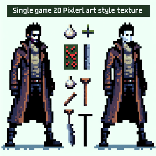 vampire hunter pixel art
Single Game Texture. In-Game asset. 2d. Blank background. High contrast. No shadows.