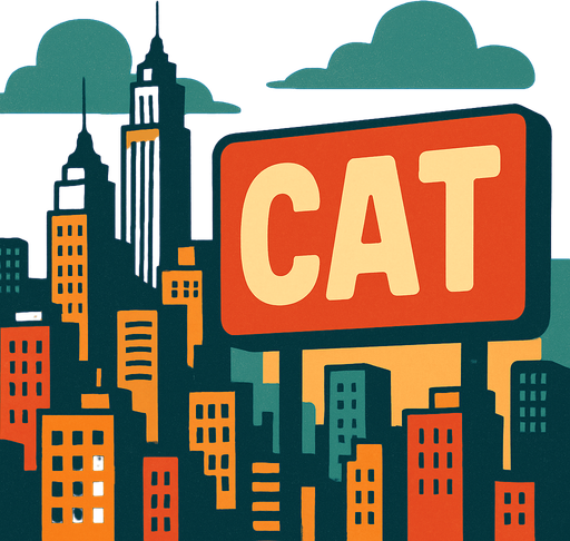 Şehir ve arkaplanında cat yazan bir tabela.
In-Game asset.  2d.  High contrast.  No shadows