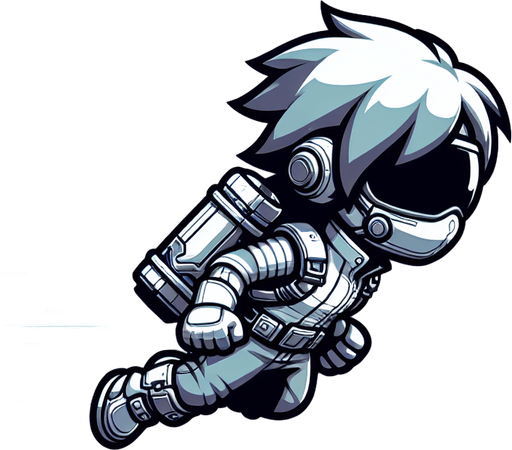 Horizontal Endless Runner Cyberpunk flying Kid with a jetpack.
Single Game Texture. In-Game asset. 2d. Blank background. High contrast. No shadows.