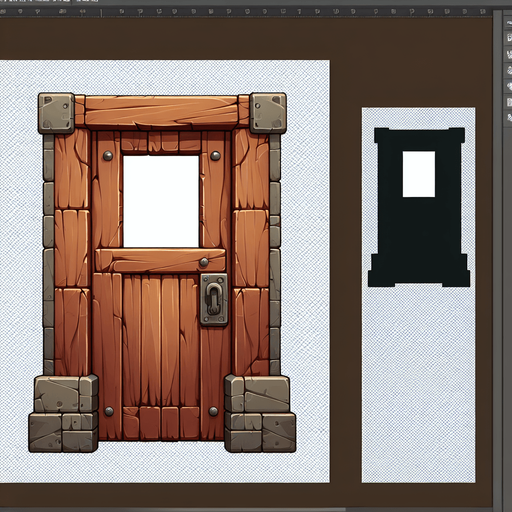 create a door with window.
Single Game Texture.  In-Game asset.  2d.  Blank background.  High contrast.  No shadows
