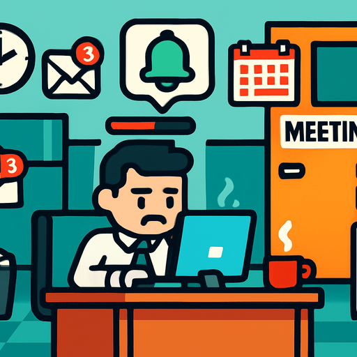 Fullscreen modern App Store landscape banner, 16:9, high definition, for a game titled "FOMO Simulator: The Meeting That Could've Been An Email" and with the description "A fast-paced office simulator where you collect meetings, emails, and notifications while managing your energy levels. Strategic decisions must be made about which workplace items to prioritize as your energy depletes. Grab coffee for boosts, avoid missing important meetings, and survive the chaotic 60-second workday!". No text on banner!.
In-Game asset.  2d.  High contrast.  No shadows
