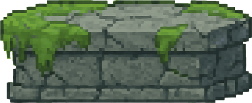 Stone platform sprite, solid gray granite texture with green moss covering, ancient ruins style, rectangular shape, weathered stone surface, small cracks and details, stable and heavy appearance, 2D pixel art, side view, transparent background.
In-Game asset.  2d.  High contrast.  No shadows