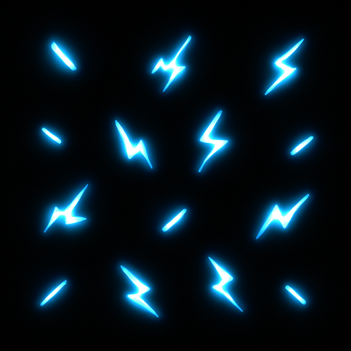 Tiny, electric-like sparks

```
- Shape: Small line/dash or tiny lightning bolt
- Color: Bright cyan (#00FFFF) or electric blue (#0088FF)
- Intensity: Very bright, almost overexposed look.
In-Game asset.  2d.  High contrast.  No shadows