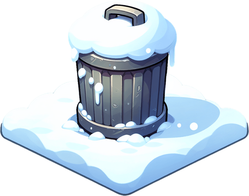 Мусорный бак стоит в снегу. Мультяшный.
Single Game Texture.  In-Game asset.  2d.  Blank background.  High contrast.  No shadows
