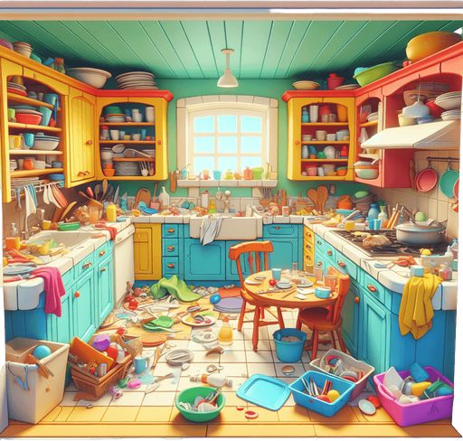 dağınık bir mutfak, odanın içinden görünüm. 3d renkli anime, çizgi film