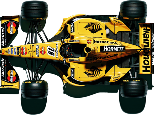 F1 race car from 2001. Yellow body with black sponsors and hornet logos with MasterCard sponsor. TOP VIEW!.
Single Game Texture. In-Game asset. 2d. Blank background. High contrast. No shadows.