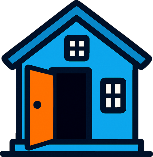 blue house, open door looking left.
In-Game asset.  2d.  High contrast.  No shadows