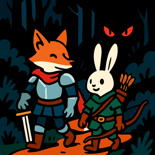 un caballero zorro y un arquero conejo caminan por el bosque tranquilamente, mientras en el fondo en la oscuridad del bosque se ven unos ojos rojos que resaltan.
In-Game asset.  2d.  High contrast.  No shadows