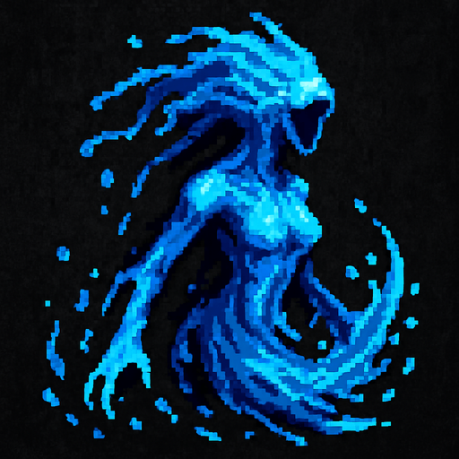 Water spirit dark souls style 2d pixel art.
In-Game asset.  2d.  High contrast.  No shadows