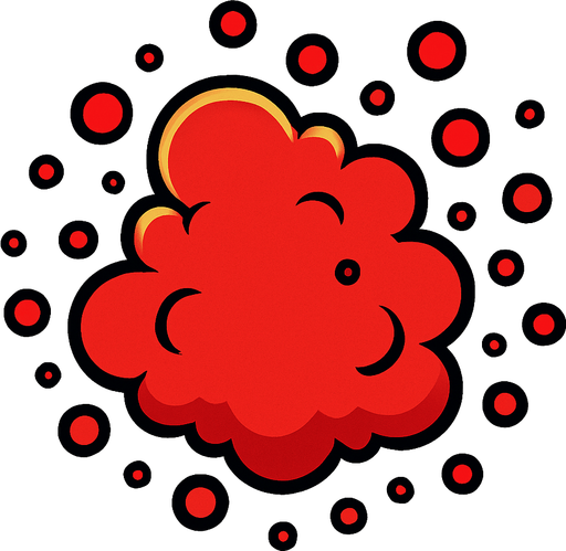 Red particle cloud. Cartoon. Bright outline. Single Game Texture. In-Game asset. 2d. Blank background. High contrast. No shadows.