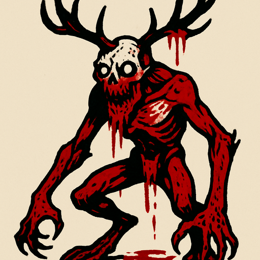 a wendigo with blood.
In-Game asset.  2d.  High contrast.  No shadows