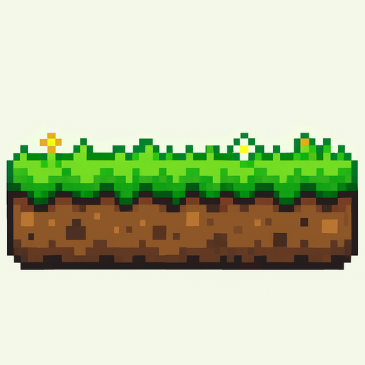 A flat, horizontal ground layer made of bright green grass on top and brown soil underneath, designed in pixel art style. The grass is slightly jagged at the top to suggest texture, and the soil has subtle pixel shading with small rocks and dirt patches. The image should be side-view and seamless, suitable for a 2D side-scrolling game like Flappy Bird, with tiny pixel flowers or varied shades of green for extra detail..
In-Game asset.  2d.  High contrast.  No shadows. pixel art. side view. seamless. ground texture. retro style