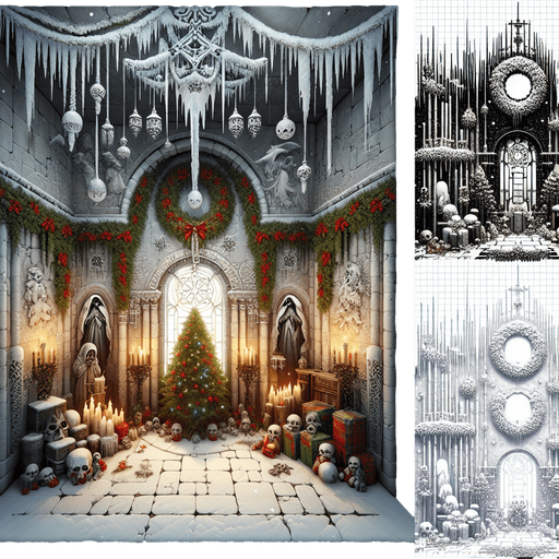 Eerie Christmas-inspired crypt room similar to a resident evil room
Single Game Texture. In-Game asset. 2d. Blank background. High contrast. No shadows.