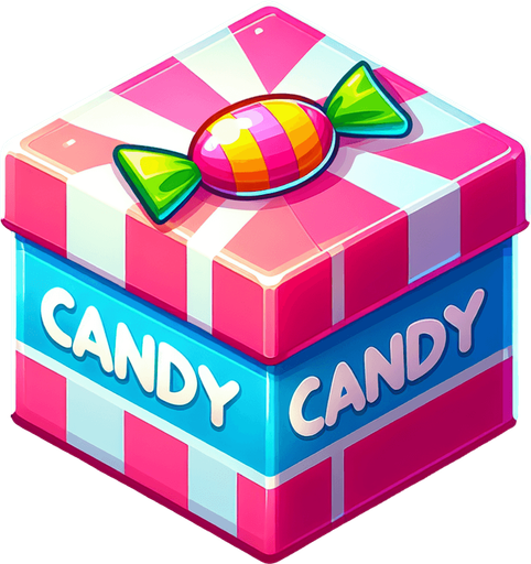 scatola vuota, ma colorata con scritta candy.
Single Game Texture. In-Game asset. 2d. Blank background. High contrast. No shadows.