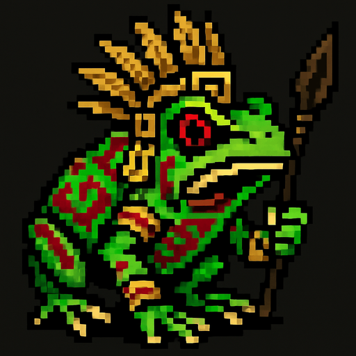Genérame una Rana de dardo venenosa guerra azteca con eso patrones estilo pixelar, con una apariencia maligna.
In-Game asset.  2d.  High contrast.  No shadows