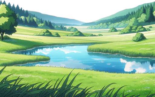 ghibli anime 2d style. meadow at lake. sky full of small with cloud.
Single Game Texture.  In-Game asset.  2d.  Blank background.  High contrast.  No shadows