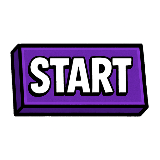 A bold comic-style rectangular button labeled 'Start' in capital white letters. The button has sharp edges with thick black outlines and a deep purple fill. Style mimics classic graphic novel UI — solid, punchy, and energetic. No background, transparent PNG.
In-Game asset.  2d.  High contrast.  No shadows