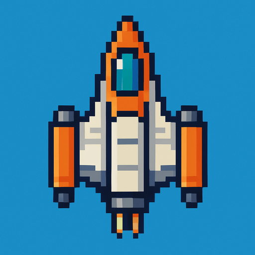 aşağı doğru bakan pixel art bir uzay gemisi.
In-Game asset.  2d.  High contrast.  No shadows
