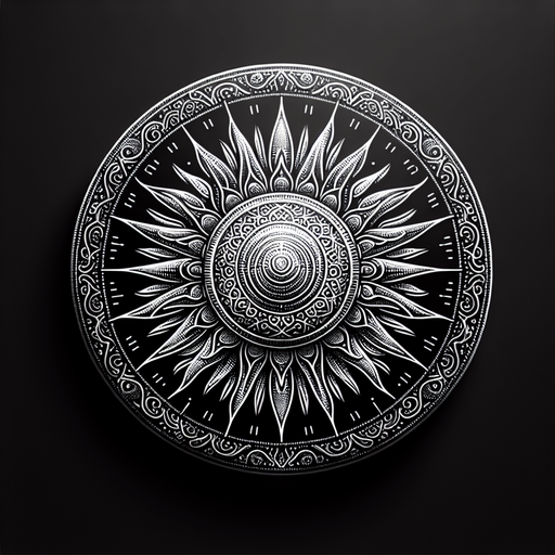 plain white intricate sun icon. black background