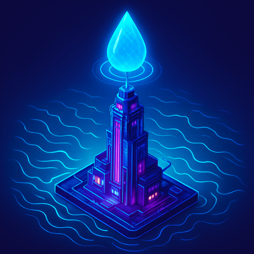 Top down isometric neon cyberpunk anime talk futuristic tower spire 3d ocean glowing hd large blue water drop hologram over top