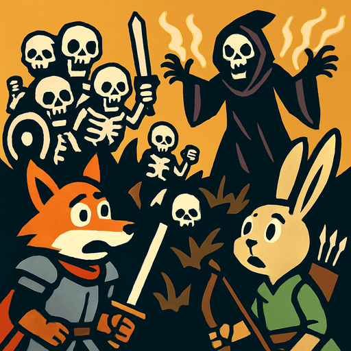 esqueletos guerreros que salen de la tierra por un brujo, miesntras un ballero zorro y un conejo arquero miran asombrado.
In-Game asset.  2d.  High contrast.  No shadows