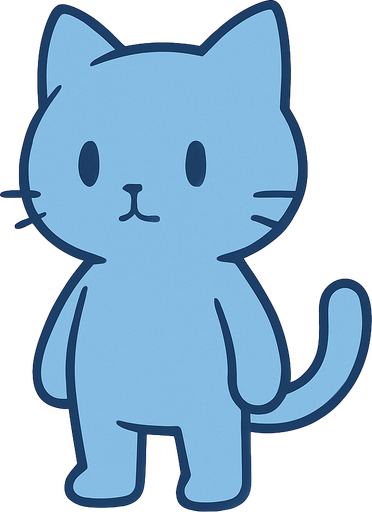 A simple blue cartoon cat standing upright, no accessories or effects, clean and minimal style, no musical notes or particles, not too stylish, designed as the main character for a rhythm game with a cold, minimal theme, light outlines and smooth shading, no background.
In-Game asset.  2d.  High contrast.  No shadows