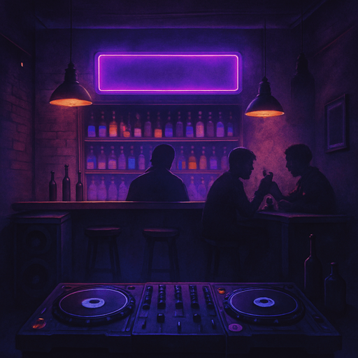 semi-realistic comic book style, moody neon lighting, lo-fi urban atmosphere, rich textures, cinematic framing, purple and blue tones, soft gradients, ambient reflections