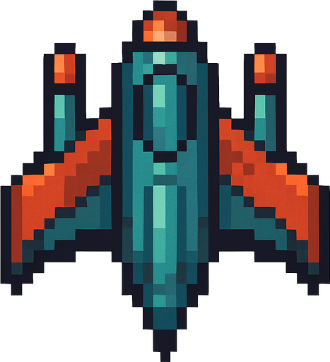 aşağı doğru bakan pixel art bir uzay gemisi.
In-Game asset.  2d.  High contrast.  No shadows