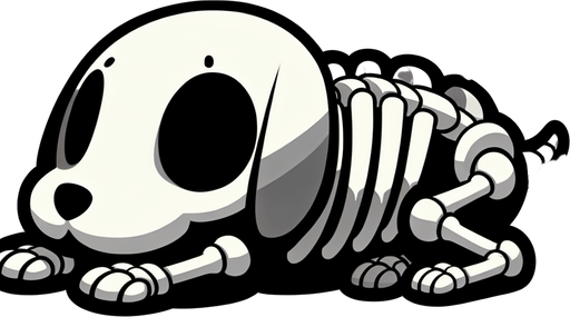 a cartoon skeleton puppy. lying down. head between paws..
Single Game Texture. In-Game asset. 2d. Blank background. High contrast. No shadows.