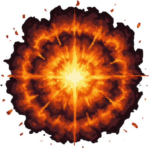 "High-quality 2D pixel art of a large magical explosion. The explosion is circular with a dense, fiery core made of layered orange, yellow, and white flames. Surrounding the core are expanding rings of fire and smoke, forming a symmetrical, radial burst pattern. The edges are rough and scattered with glowing embers and pixelated debris. The style mimics SNES-era fantasy RPG pixel effects, with vibrant colors and dramatic lighting. Transparent background.".
In-Game asset.  2d.  High contrast.  No shadows