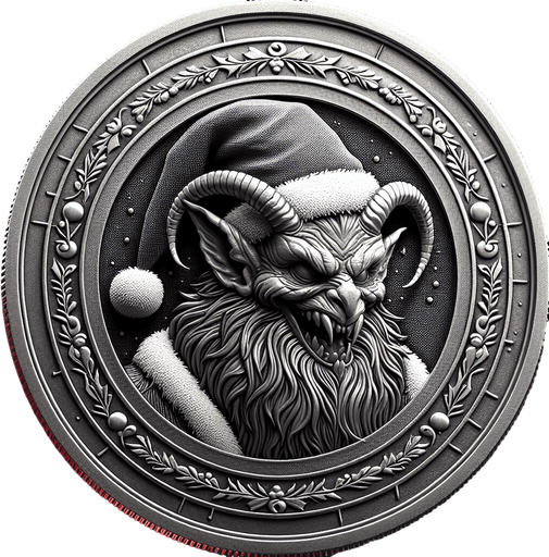 krampus with a christmas hat coin embossed on it png.
Single Game Texture. In-Game asset. 2d. Blank background. High contrast. No shadows.