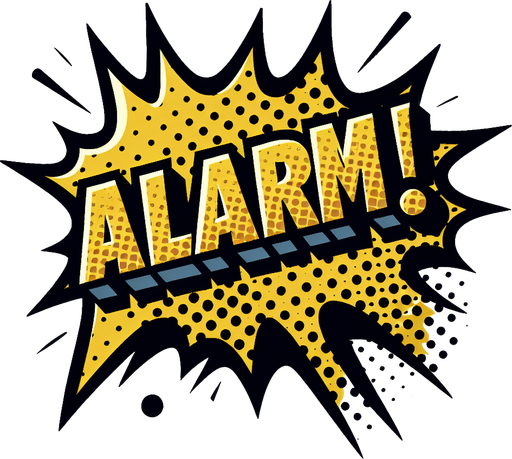 "ALARM" text bubble yellow, comic book style..
Single Game Texture. In-Game asset. 2d. Blank background. High contrast. No shadows.
