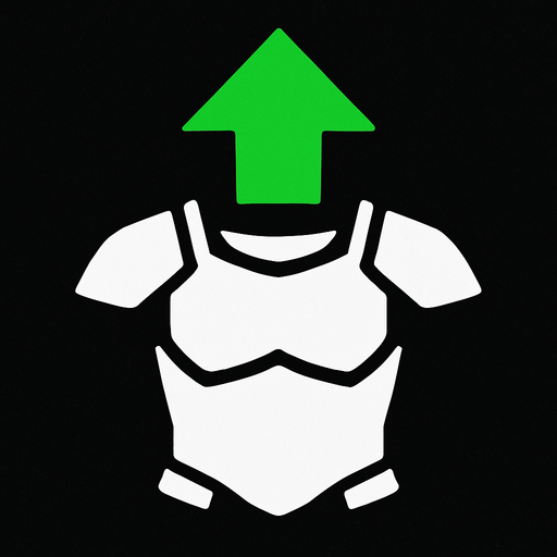 Symbol for a spaceship armor upgrade using an green arrow pointing up and white coloring.
In-Game asset.  2d.  High contrast.  No shadows
