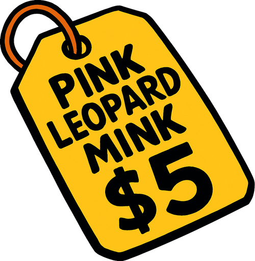 price tag that says pink leopard mink $5.
In-Game asset.  2d.  High contrast.  No shadows