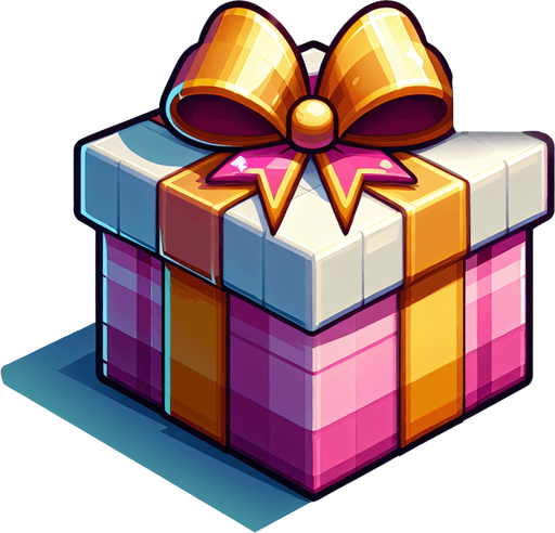 gift wrapped box, bright light colours. with bow on top Single Game Texture. In-Game asset. 2d. Blank background. High contrast. No shadows. Single Game Texture.