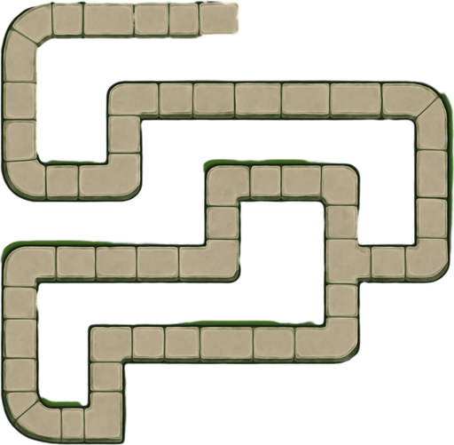 A top-down orthographic view of a TD map. The focus is a single, continuous stone-paved path. This path is a long, serpentine line that twists and turns across the map in a strict grid pattern with sharp 90-degree angles. Crucially, the path never forks, branches, or intersects with itself; it is one unbroken line from start to finish. It enters at the top-center edge and exits at the bottom-center edge. The buildable areas next to the path are wide, flat, and empty grass. All decorative clutter, like mossy ruins and ancient trees, is kept exclusively on the outer perimeter of the map. Stylized and hand-painted. --no towers, no characters, no buildings, no crossroads, no forks.
In-Game asset.  2d.  High contrast.  No shadows