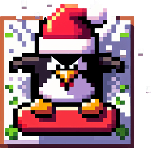 angry penguin snowboarder wearing a red santa hat. top-view. gta 2. seen from above. Single Game Texture. In-Game asset. 2d. Blank background. High contrast. No shadows. pixelated. 8 bit