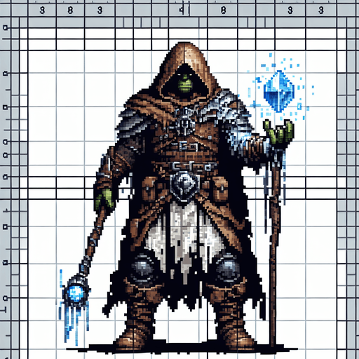 orc mage, leather armor, staff with glowing crystal with freezing power. front facing, arms and legs clearly visible, wearing a hood made of cloth..
Single Game Texture.  In-Game asset.  2d.  Blank background.  High contrast.  No shadows, 16 bit pixel art