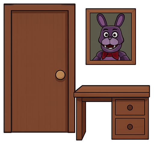 Its the left side of a room. There is a door, a half desk and a animatronic rabbit picture. DONT FORGET THIS IS THE LEFT SIDE OF THE ROOM. There is a right side too. No background. Transparent background. Blank background. No shadows. 2d. In-Game asset. flat