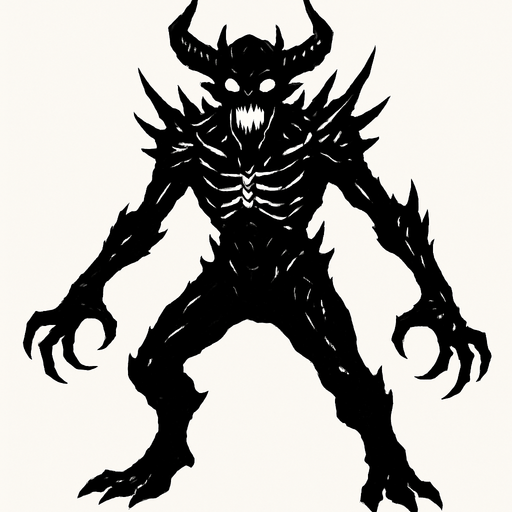 Imagien bde un jefe terrorífico humanoide de color negro.
In-Game asset.  2d.  High contrast.  No shadows