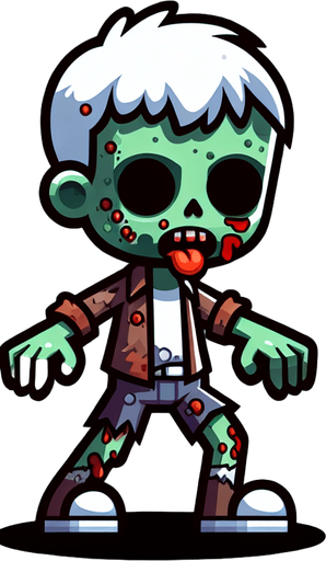 zombi karakteri tasarla animasyon ve çizgi filim olsun çocuksu olsun.
Single Game Texture.  In-Game asset.  2d.  Blank background.  High contrast.  No shadows