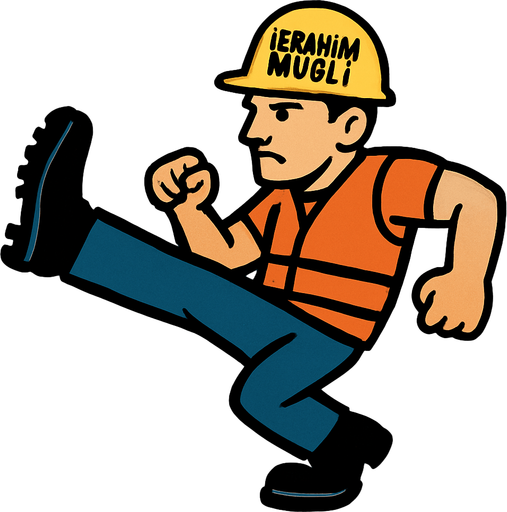 Üstünde ibrahim muğli yazan baretli işçi tekme atarken.
In-Game asset.  2d.  High contrast.  No shadows