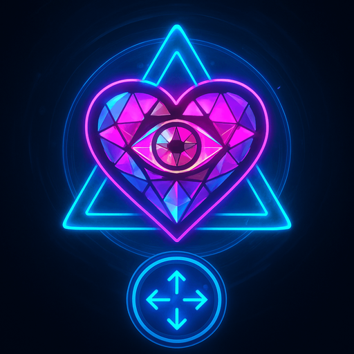 Neon cyberpunk mobile game button magic gemstone crystal sigil eyeball heart triangle topdown flat 3d 2d hologram futuristic glowing occult chic