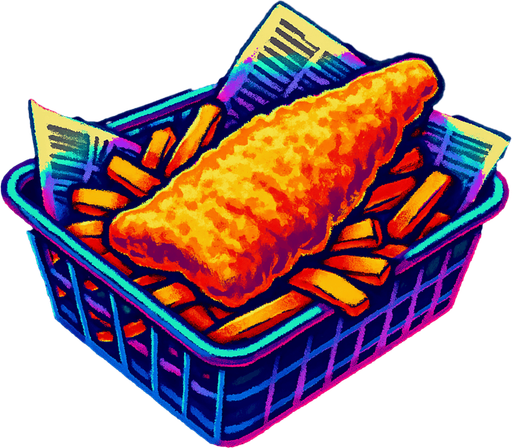 Cooked fish and chips in a newspaper lined basket. Side view. 80s arcade machine graphics..
In-Game asset.  2d.  High contrast