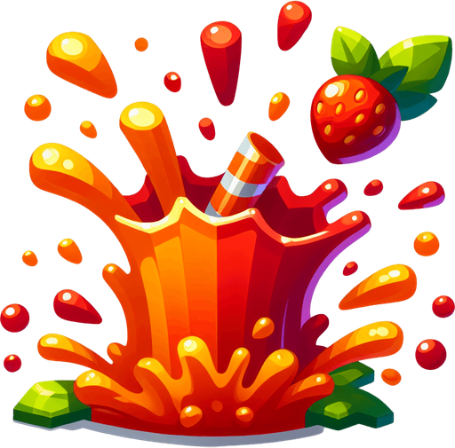 2d meyve suyu patlaması.
Single Game Texture. In-Game asset. 2d. Blank background. High contrast. No shadows.