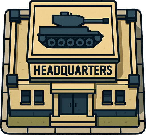 Kuş bakışı acısından bir karargah binası ve çatısımda tank resmi
In-Game asset.  2d.  High contrast.  No shadows