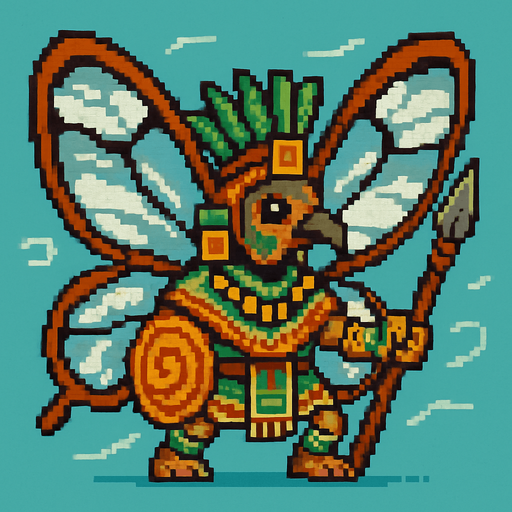 Generame un guerrero azteca con patrones, estilo pixelar, además será una Mariposa alas de vidrio (Greta oto), unidad voladora con alas, con efectos de viento. Tiene que ser un animal..
In-Game asset.  2d.  High contrast.  No shadows