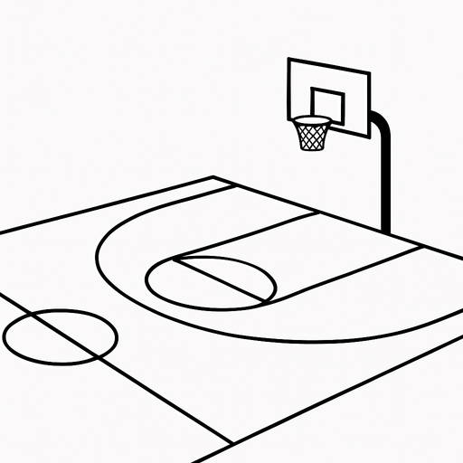 A minimalist black and white basketball court background. The court is shown from a side view or slightly isometric angle. It includes clear outlines for the hoop, backboard, half court line, and three-point arc, all in clean black lines on a white surface (or vice versa). The style is modern, simple, and flat — no players, just the environment..
In-Game asset.  2d.  High contrast.  No shadows