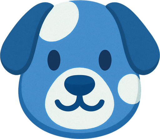 Mantén este mismo estilo, pero has que el perro sea de color azul con manchas blancas.