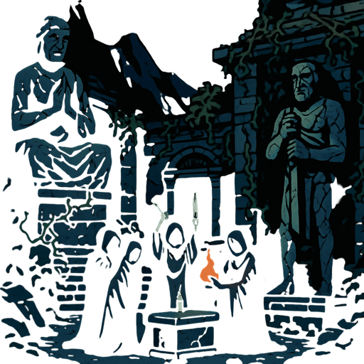 A forgotten mountain temple shrouded in shadow, stone statues with cracks, cloaked worshippers performing a dark ritual, vines crawling over walls, realistic.
In-Game asset.  2d.  High contrast.  No shadows